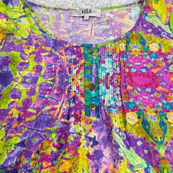 Tibi Silk Half Button Watercolor Dress Tie Waist Purple Green - Picture 7 of 11